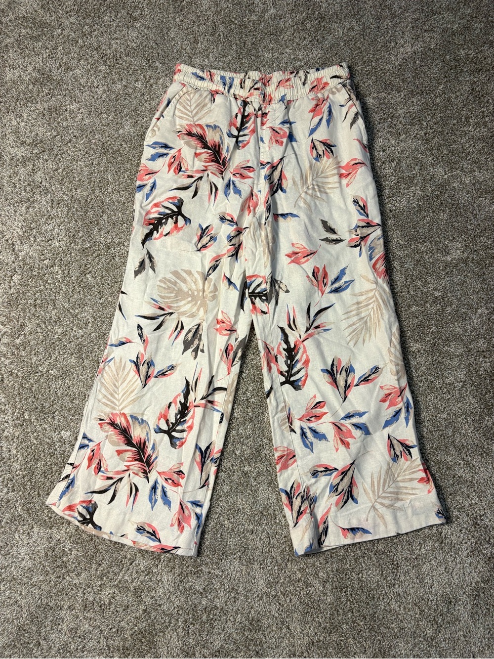 Briggs Women’s M Ivory Pink Blue Floral Wide-Leg Cropped Pants Linen
